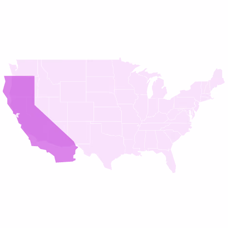 US map with California shaded in purple, highlighting the state's location on the West Coast.