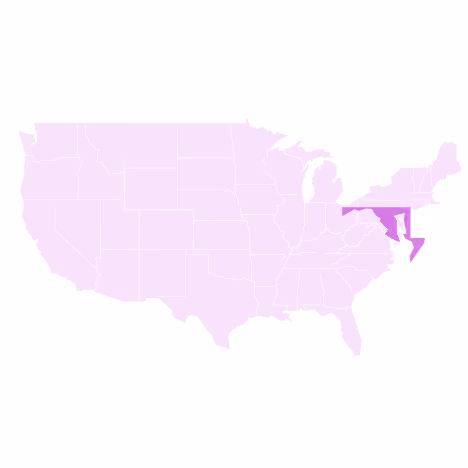 Map of the United States with Maryland highlighted in purple among other states outlined in light pink.