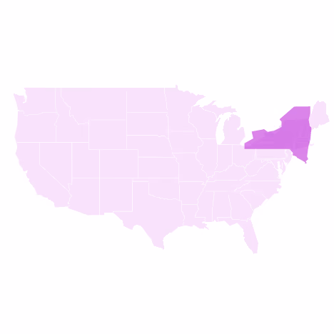 US map with northeastern states highlighted in shades of purple with New York in darkest shade.
