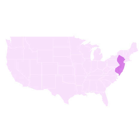 Map of the United States with New Jersey highlighted in purple on the East Coast.