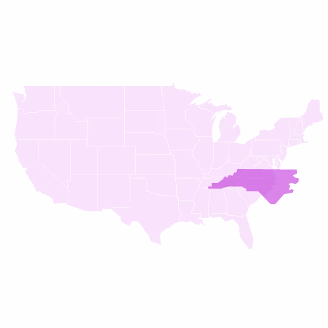 Map of the United States with the state of North Carolina highlighted in purple.