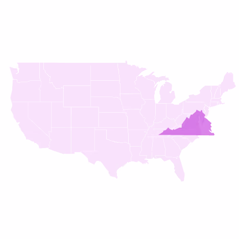 Map of the United States highlighting Virginia in purple among lighter states.