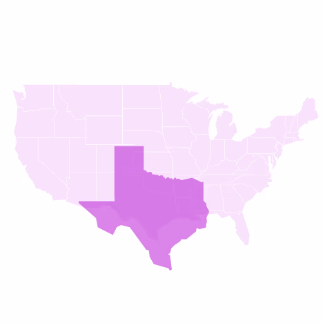 US map with Texas and surrounding states highlighted in purple shade.