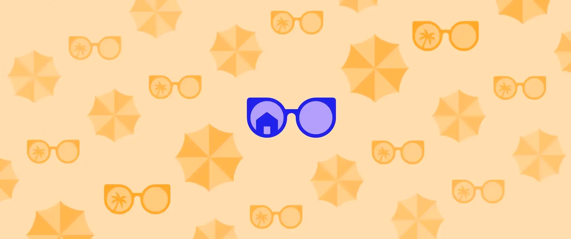 A yellow background with a blue sunglasses icon with a the outline of a house in the lens. 