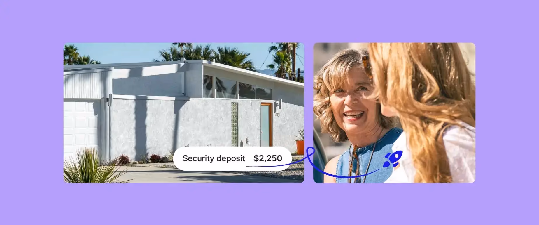 Purple background with an image of a house and two women smiling at each other. There's a label that says "security deposit" on top of the image of the house.