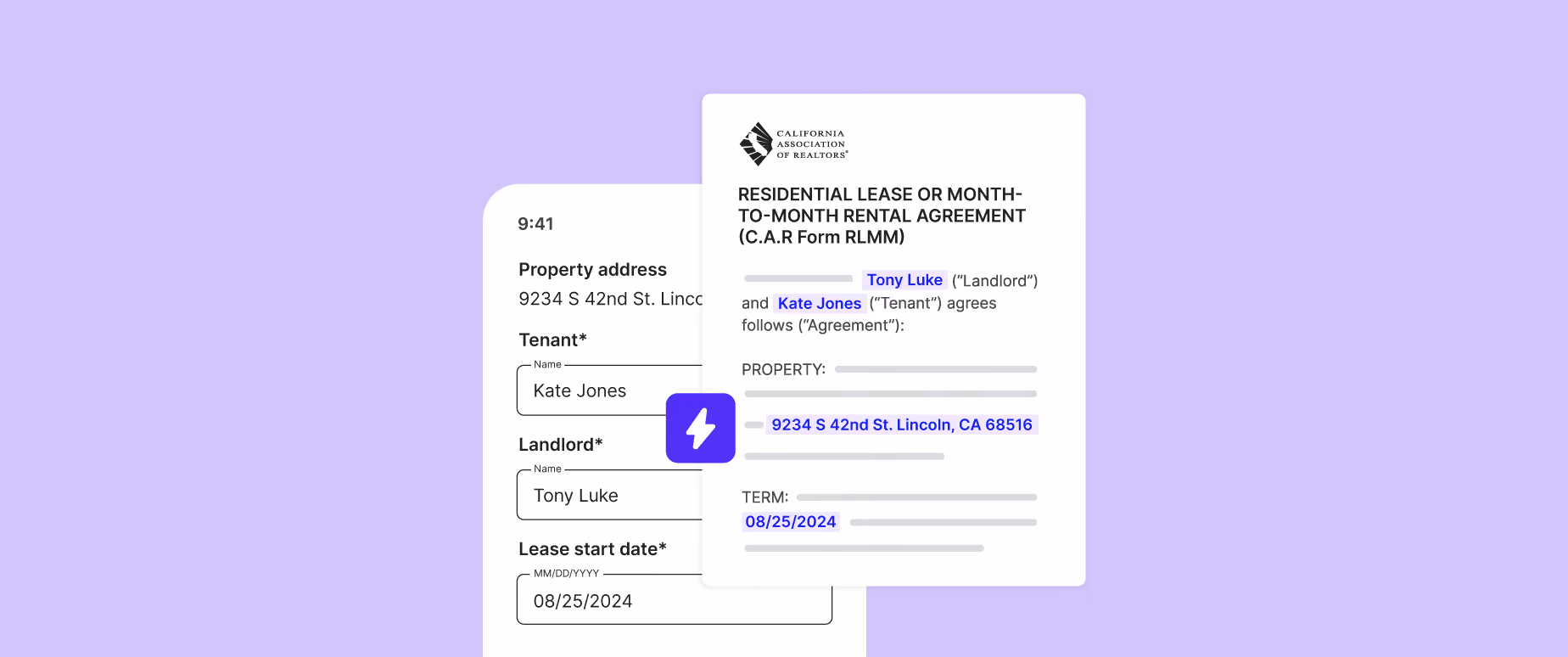 Image shows a mock rental lease agreement with a lightning bolt icon, overlaid on a purple background