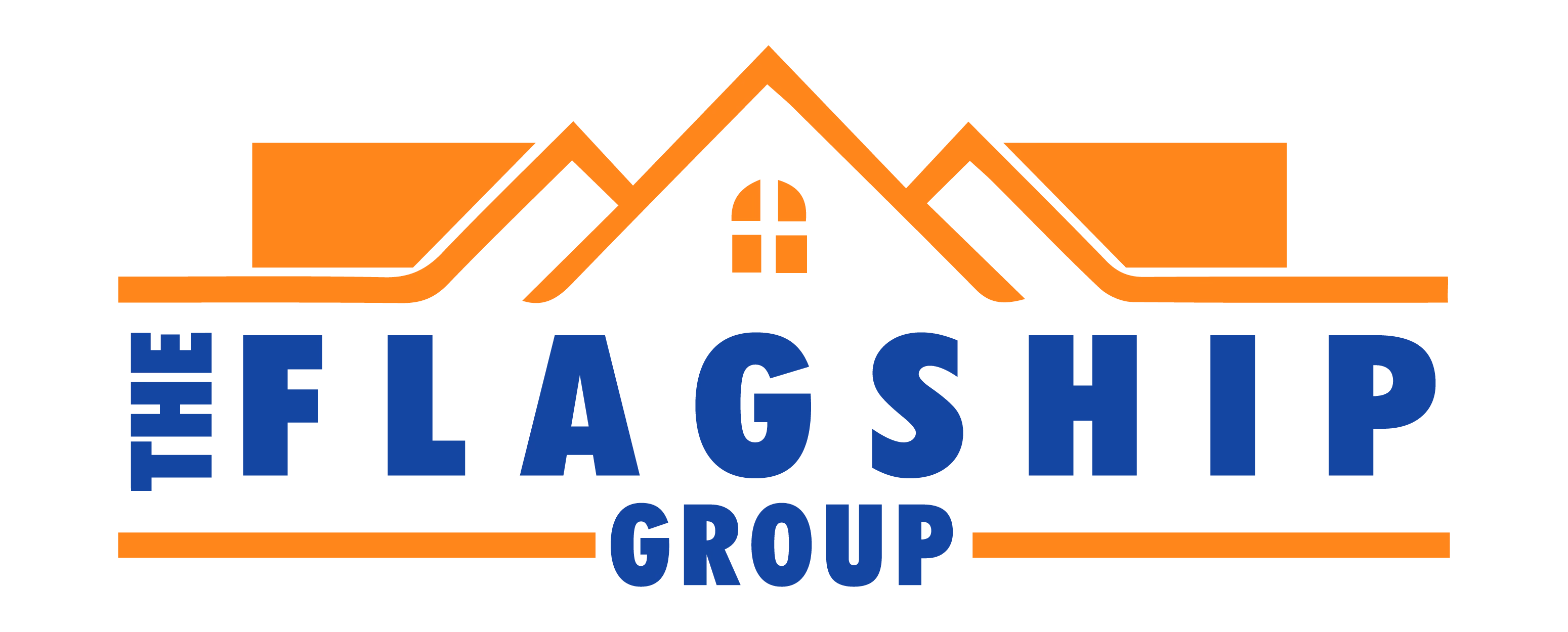 Logo with orange roof graphic and blue text reading The Flagship Group.