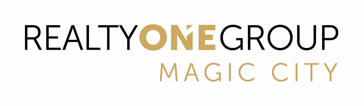 Logo with text Realty One Group Magic City in black and gold lettering on white background.