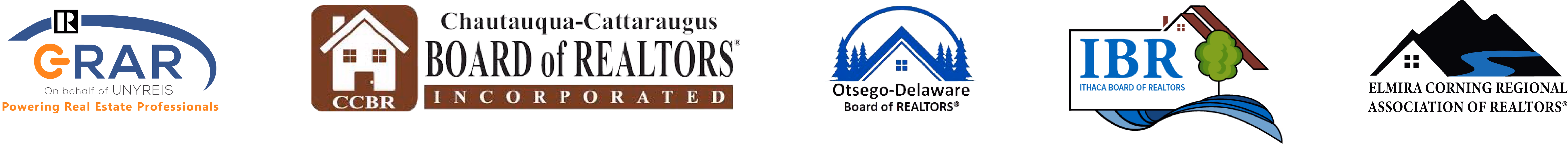 Five real estate association logos: GRAR, CCBR, Otsego Delaware, IBR, Elmira Corning Regional.
