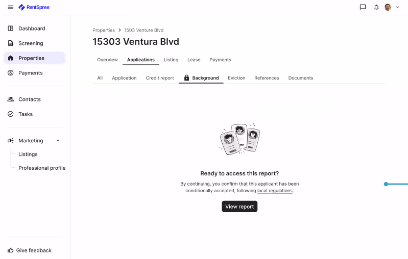 RentSpree dashboard showing 15303 Ventura Blvd property background check pending with a View report button.