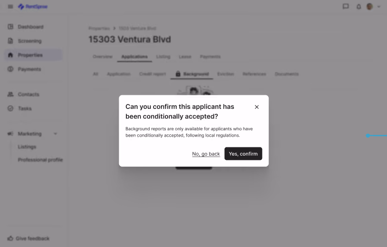 Popup asks to confirm if applicant has been conditionally accepted before viewing background reports.