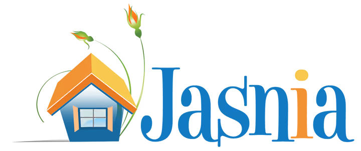 Logo with a blue house with an orange roof and flower buds, next to the word Jasnia in blue and orange text.