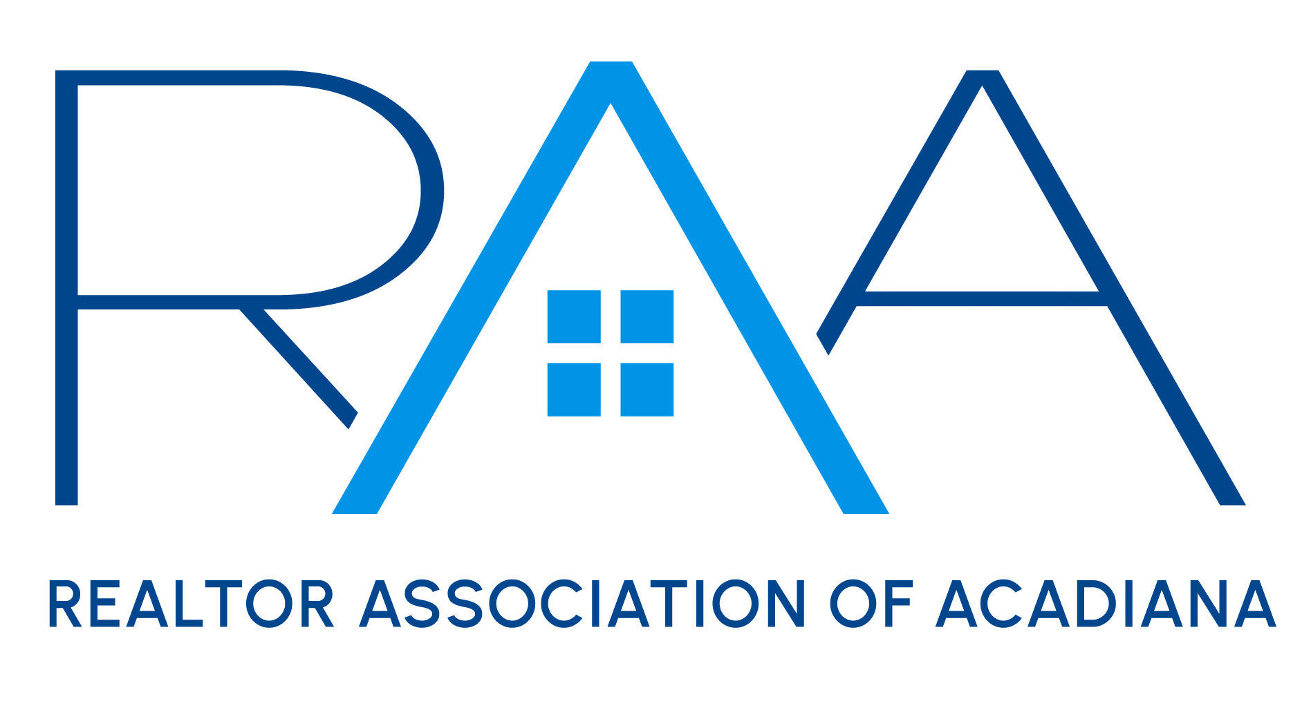 Logo of REALTOR ASSOCIATION OF ACADIANA with stylized RAA, A shaped as a house with window.