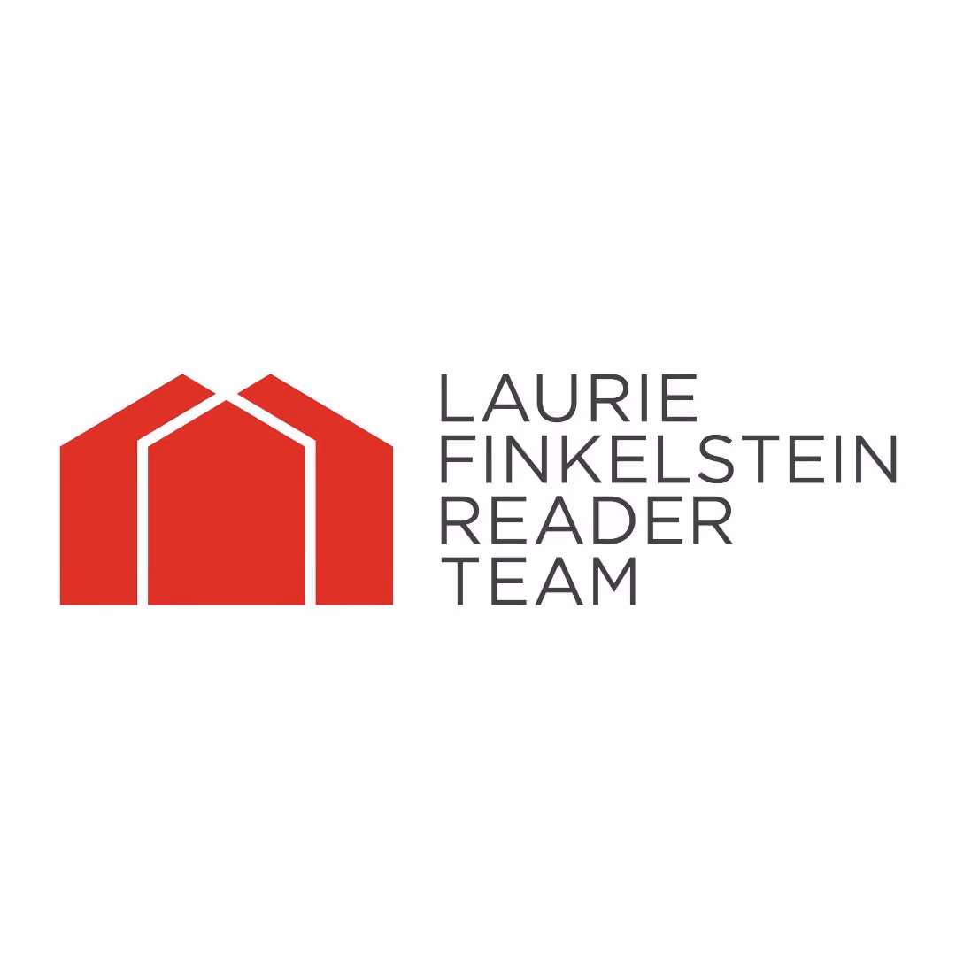 Red abstract house-shaped logo next to text Laurie Finkelstein Reader Team.