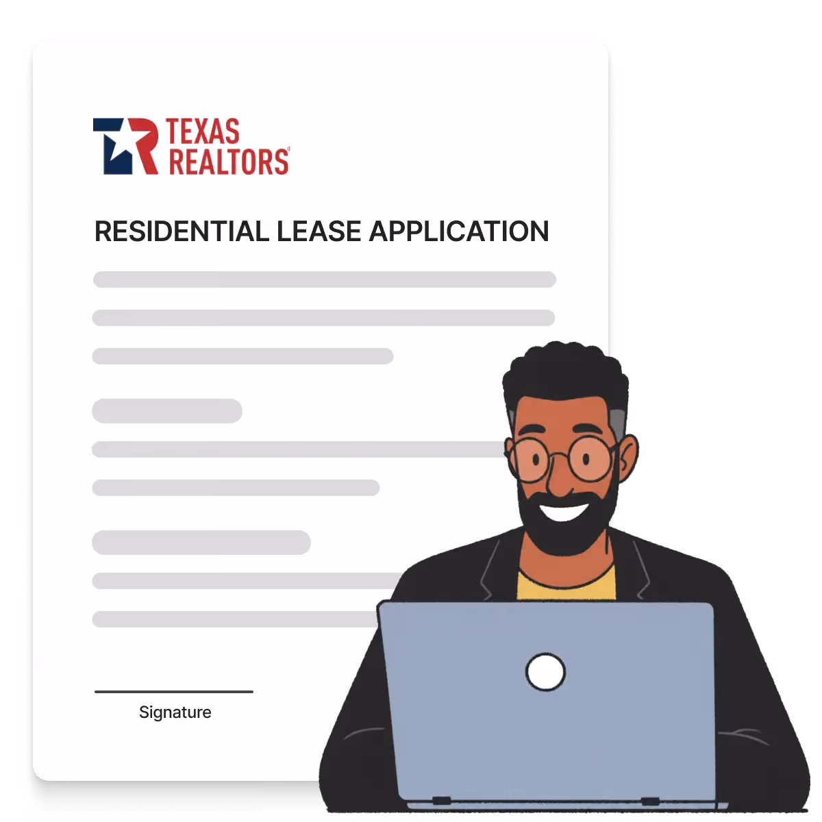 Man with glasses and beard smiling while using a laptop in front of Texas Realtors lease application form.