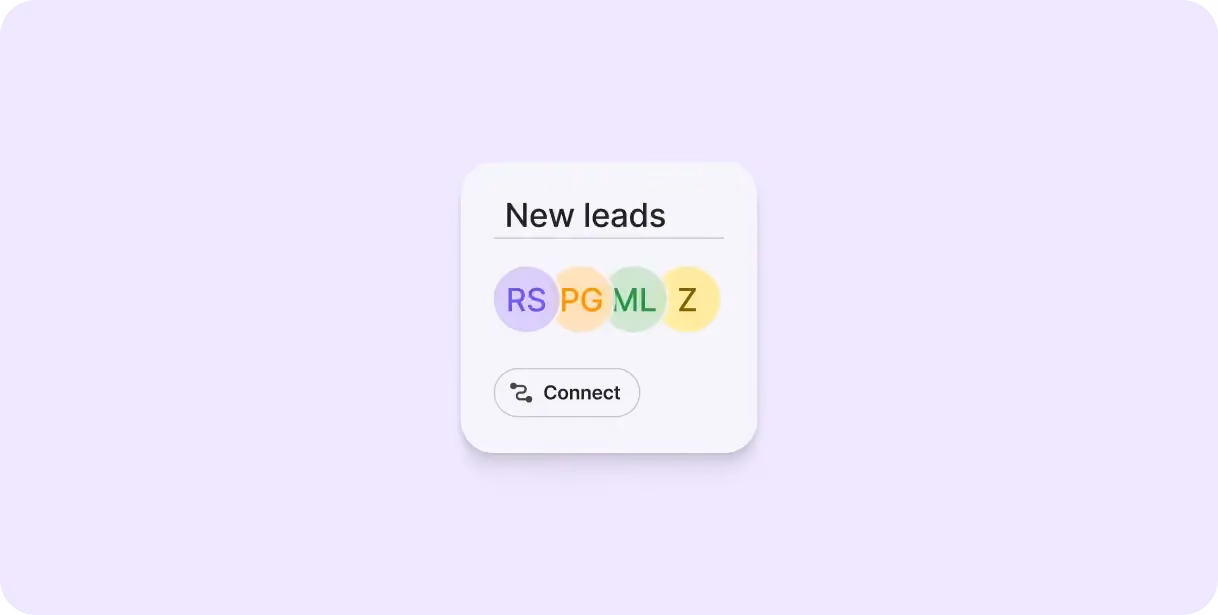 Interface card titled New leads with four colorful initials and a Connect button below.