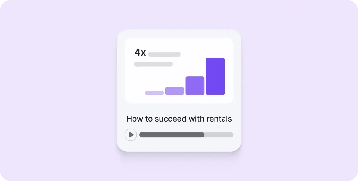 Card with a purple bar chart and text saying How to succeed with rentals with a play button below.