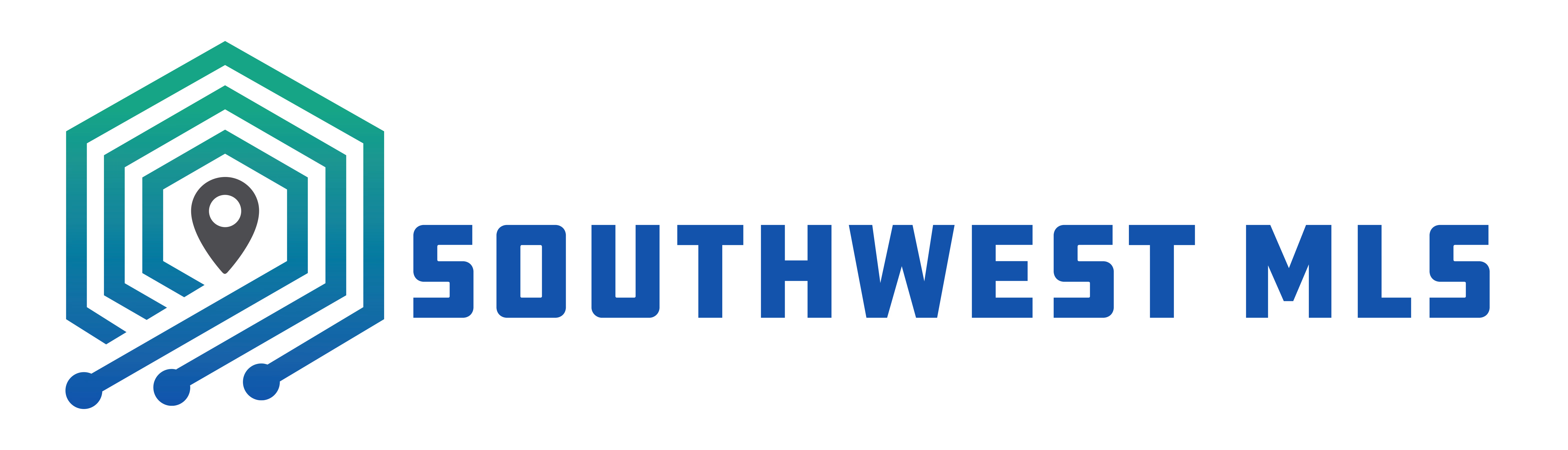 Hexagonal icon with location marker and gradient lines next to the text Southwest MLS.