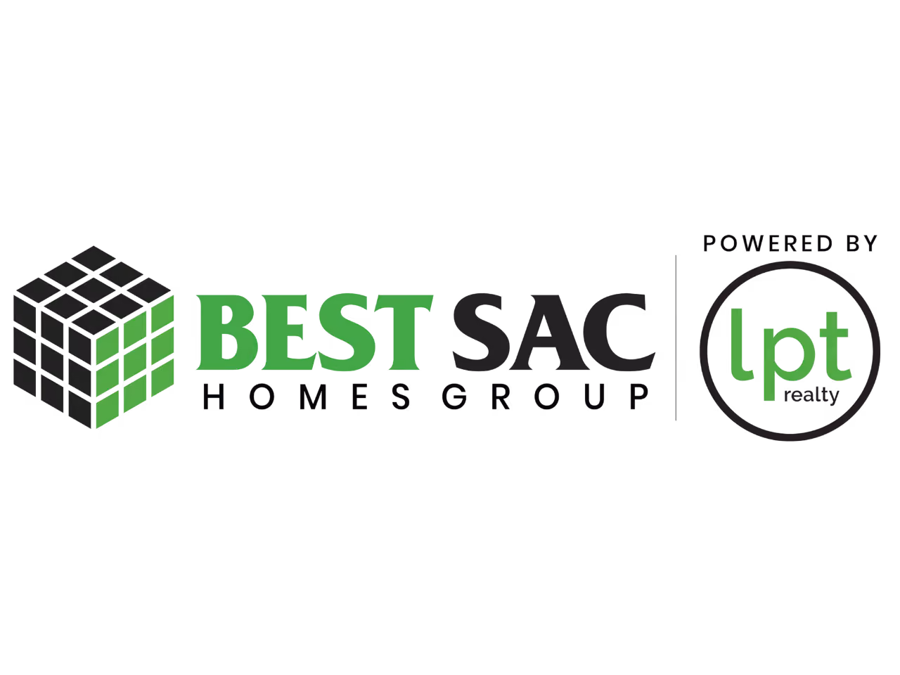 Logo featuring a green and black cube, text 'BEST SAC Homes Group' and 'powered by lpt realty'.