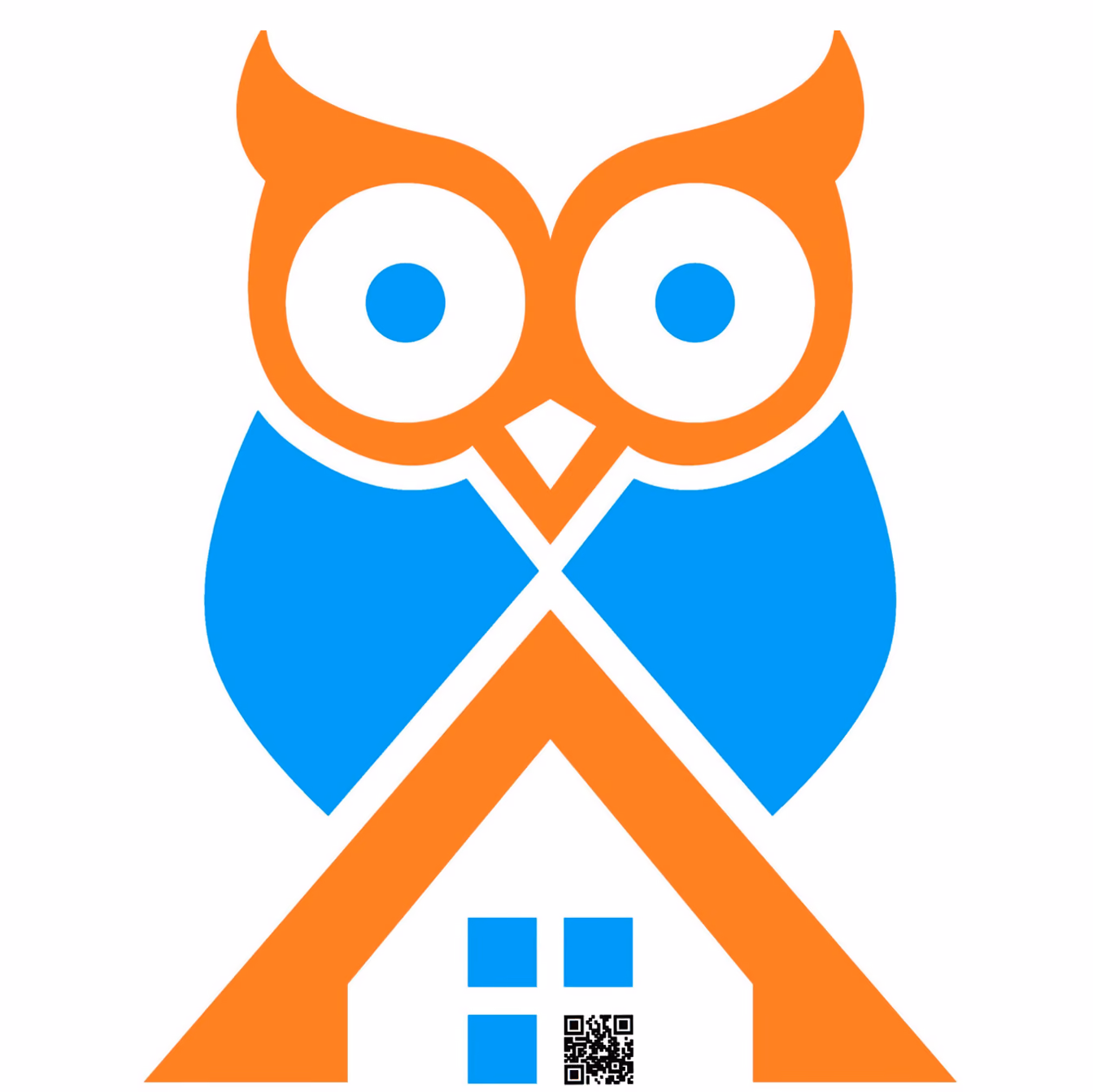 Stylized owl with orange eyes and wings forming a blue and orange house shape with windows.