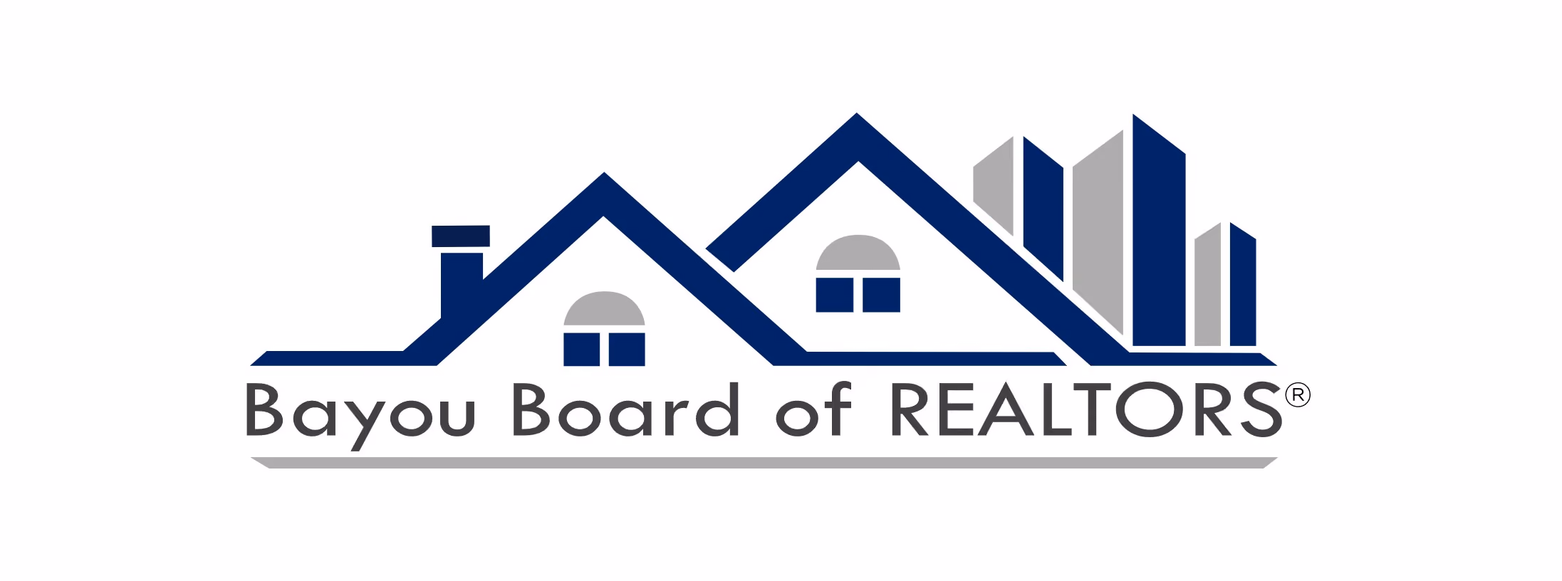 Bayou Board of REALTORS logo with house roofs and cityscape in blue and gray.
