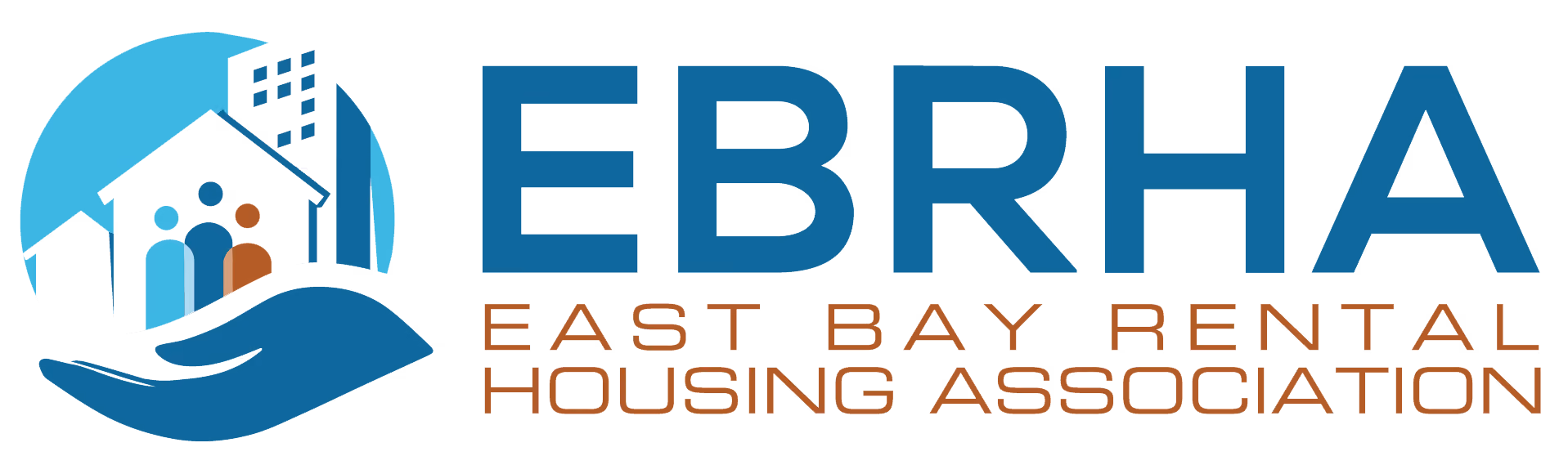 East Bay Rental Housing Association logo with hand holding houses and buildings icon.