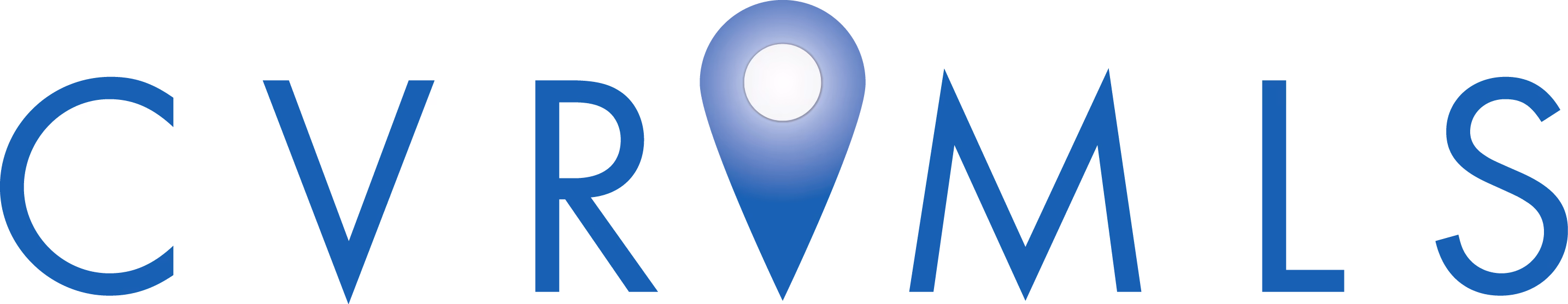 Blue letters CVR and MLS with a location pin replacing the letter I in blue gradient.