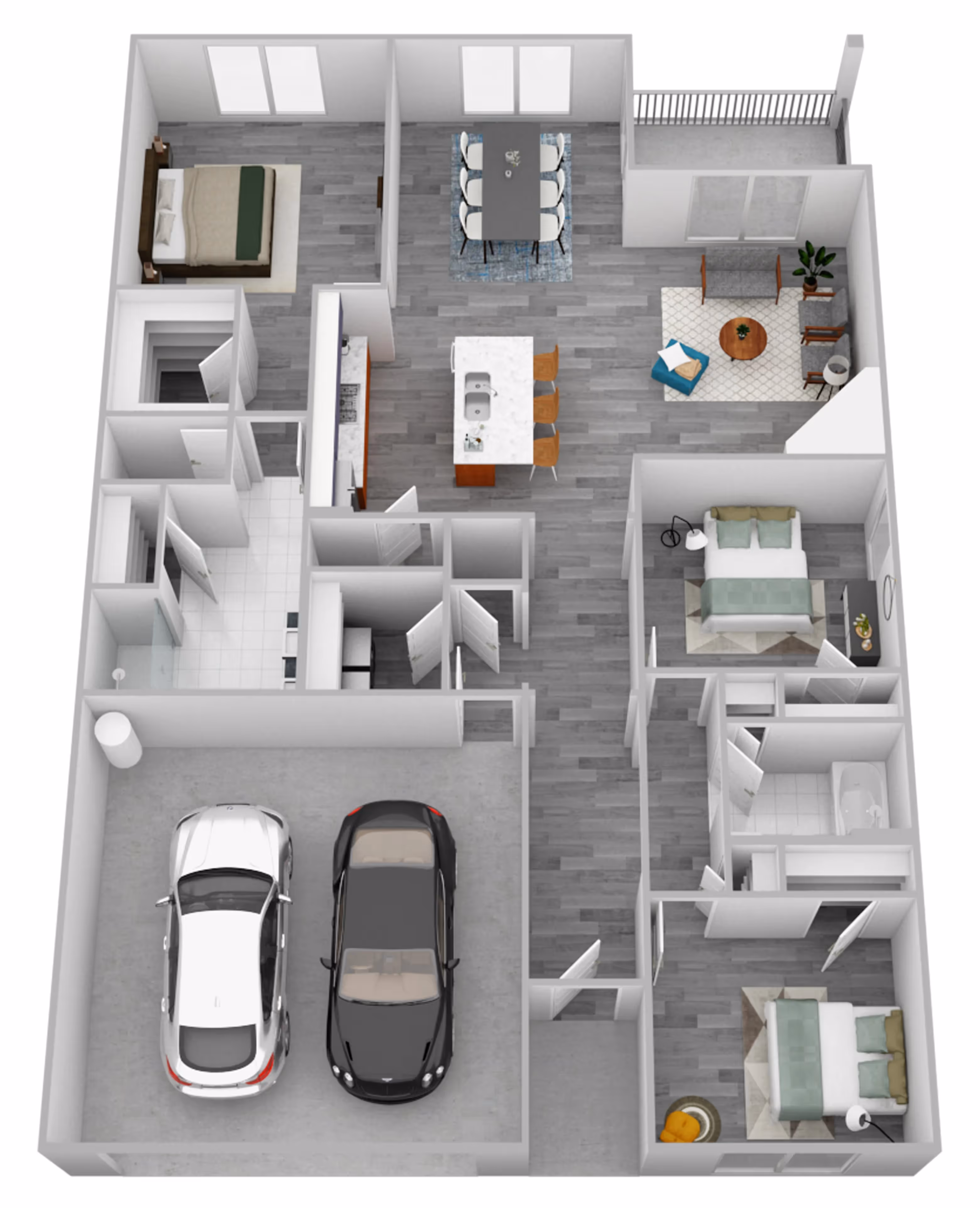 Aria floor plan at The Landing at Stone Chimney featuring open-concept living, dining, and kitchen space, multiple bedrooms, modern finishes, and attached two-car garage in Supply, NC