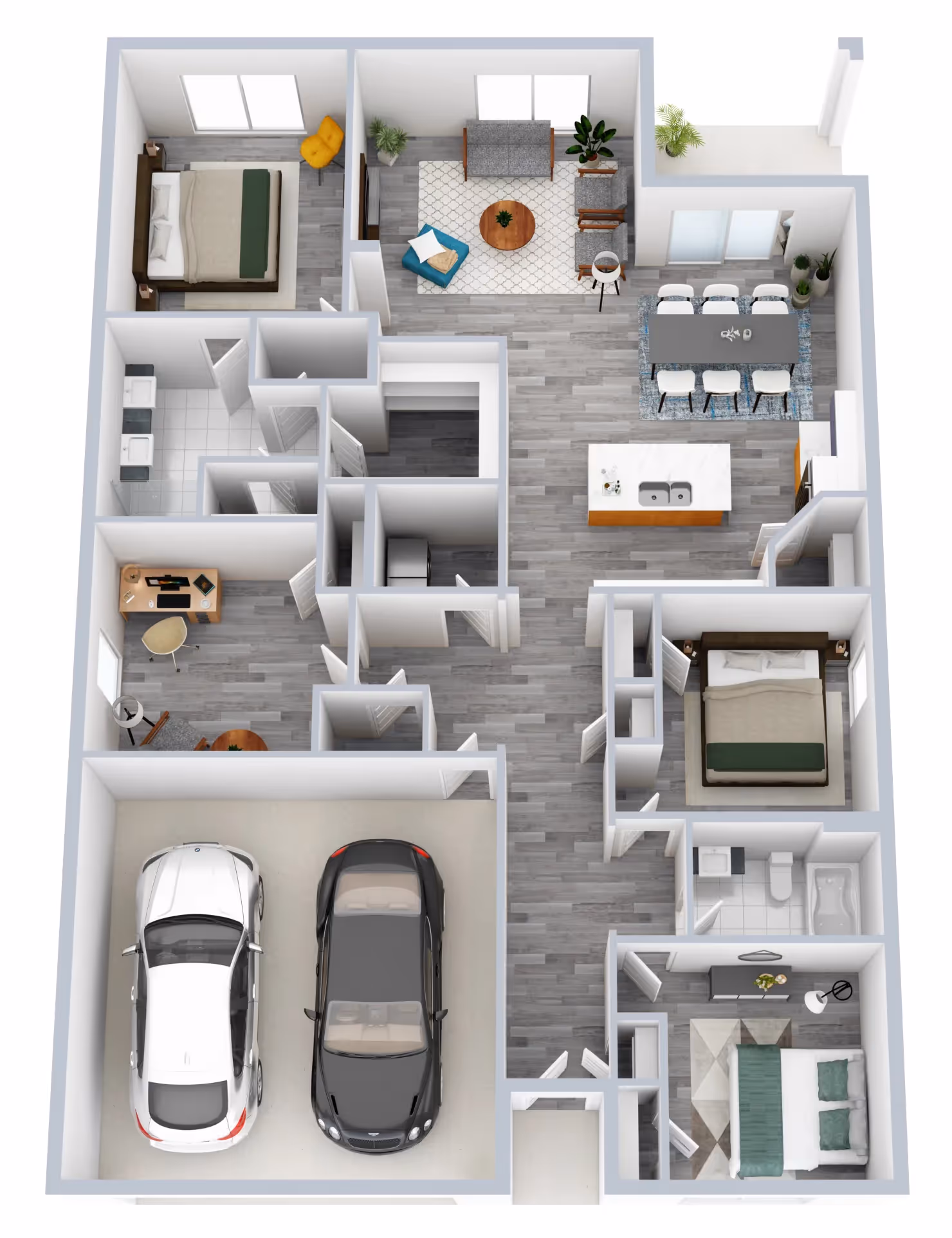Cali floor plan at The Landing at Stone Chimney featuring single-story open layout with multiple bedrooms, modern kitchen, dining area, home office space, and attached two-car garage in Supply, NC