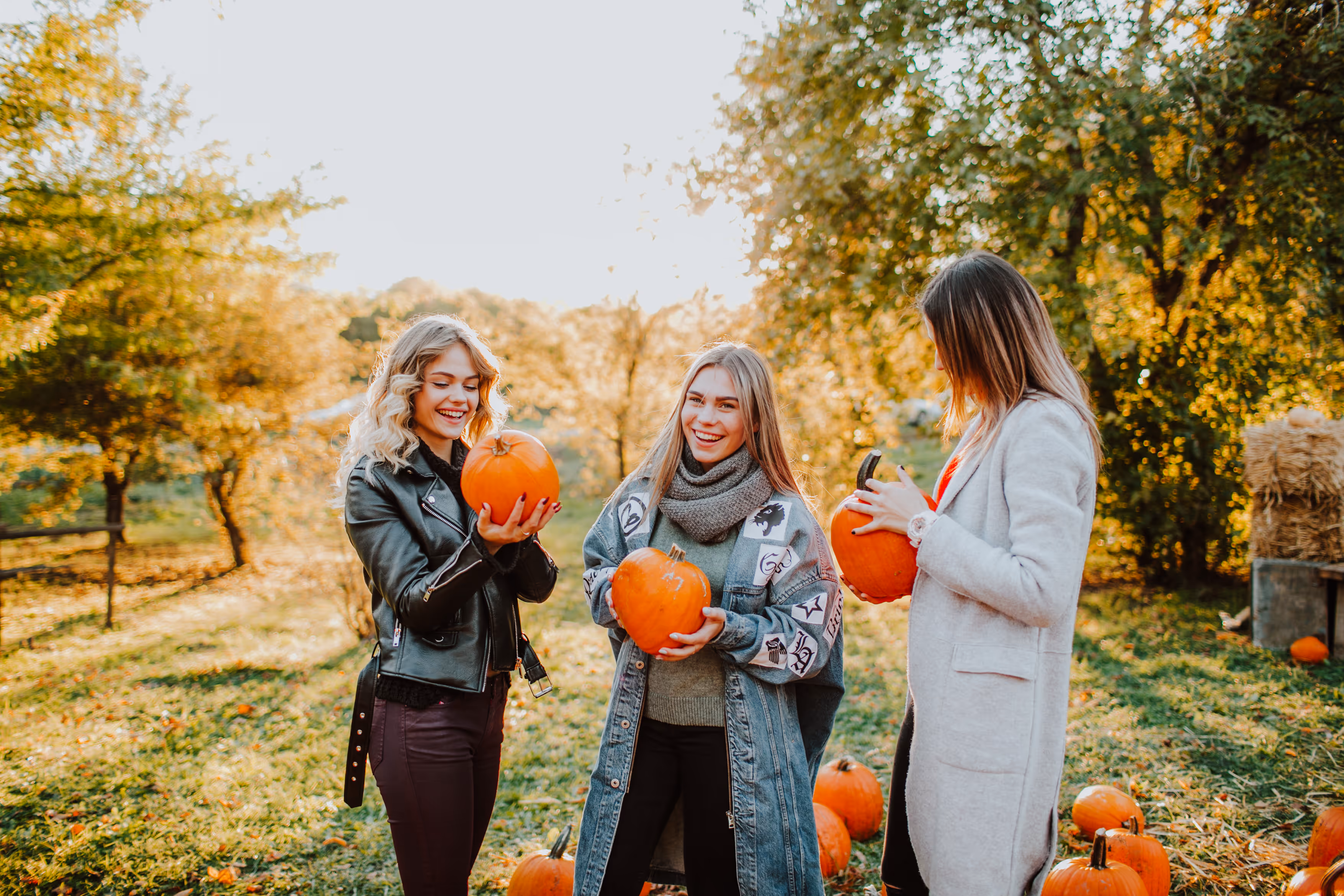 Three smiling young women holding pumpkins at an outdoor pumpkin patch, representing seasonal fun and community activities near The Landing at Stone Chimney in Supply, NC.