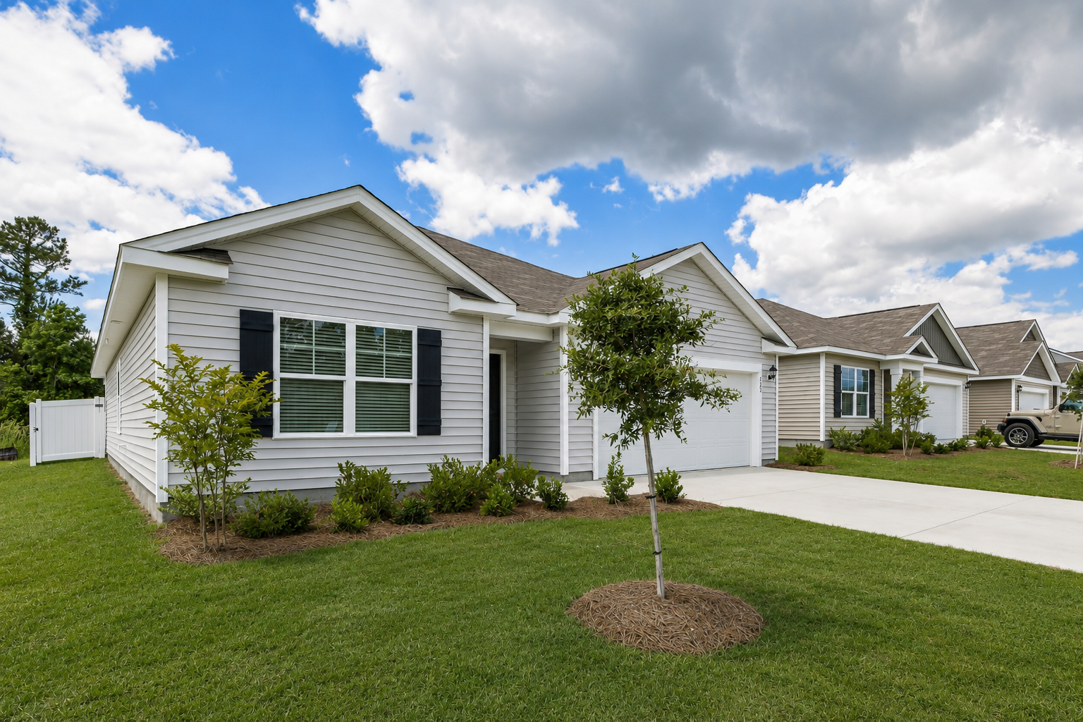 Side view of a light gray new construction house at Landing at Stone Chimney, Supply NC, with black shutters, green lawn, and a row of similar houses in the background