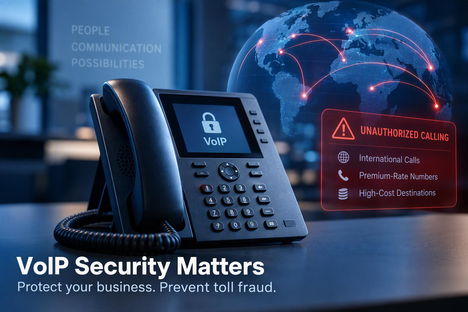 VoIP desk phone with security warning and global calling activity