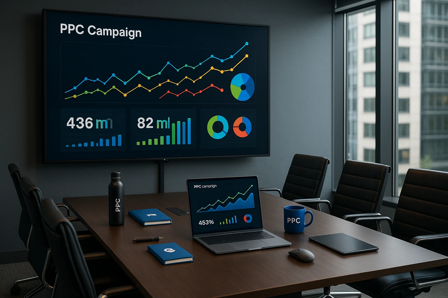 A sleek, modern conference room with a clear view of a digital dashboard projected on a large screen, displaying colorful graphs and statistics representing a successful PPC campaign's progress, surrounded by high-tech gadgets and promotional merchandise.