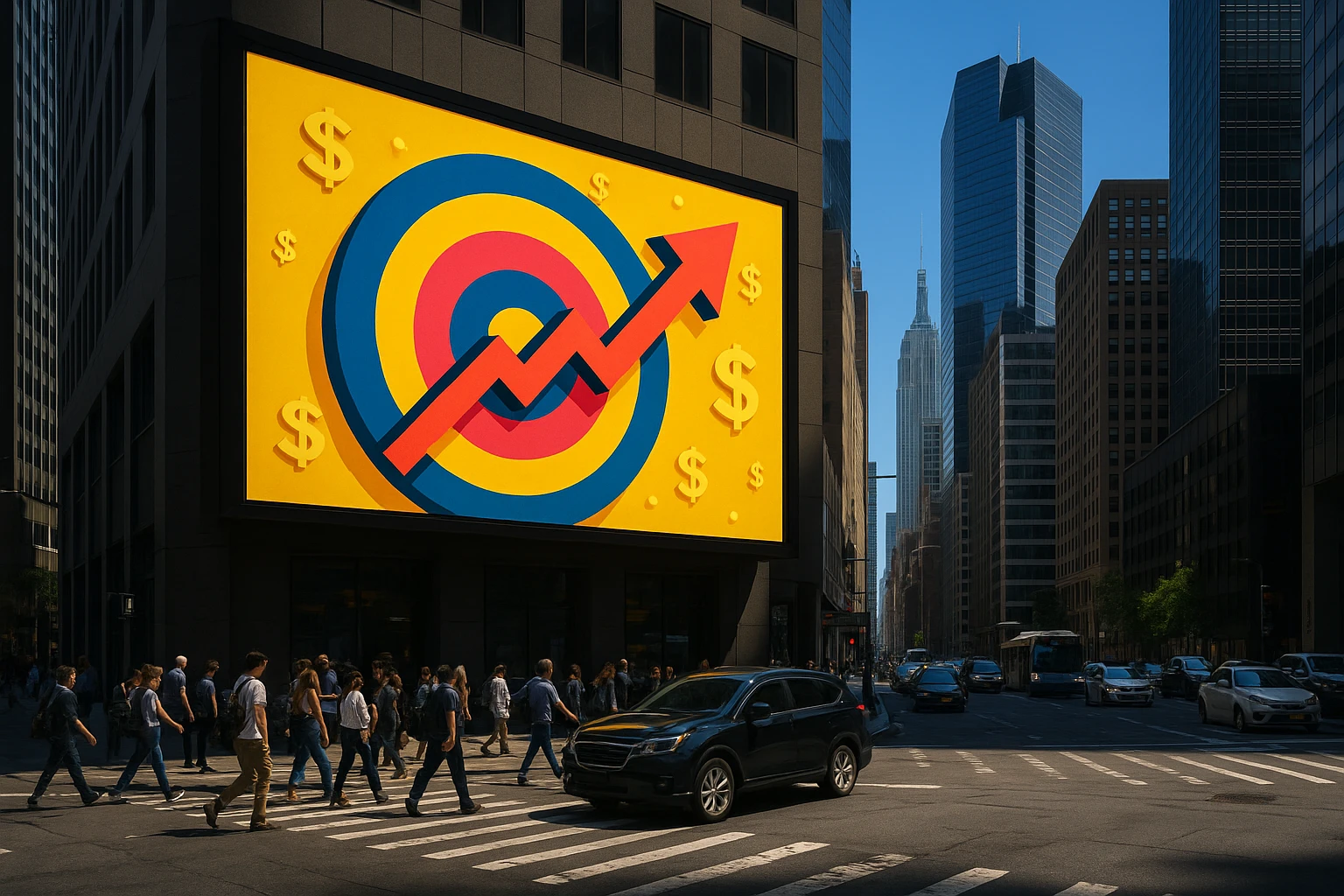A bustling city street featuring a large digital billboard displaying a vibrant PPC advertisement with bold text and eye-catching graphics, against the backdrop of modern skyscrapers and a clear blue sky.