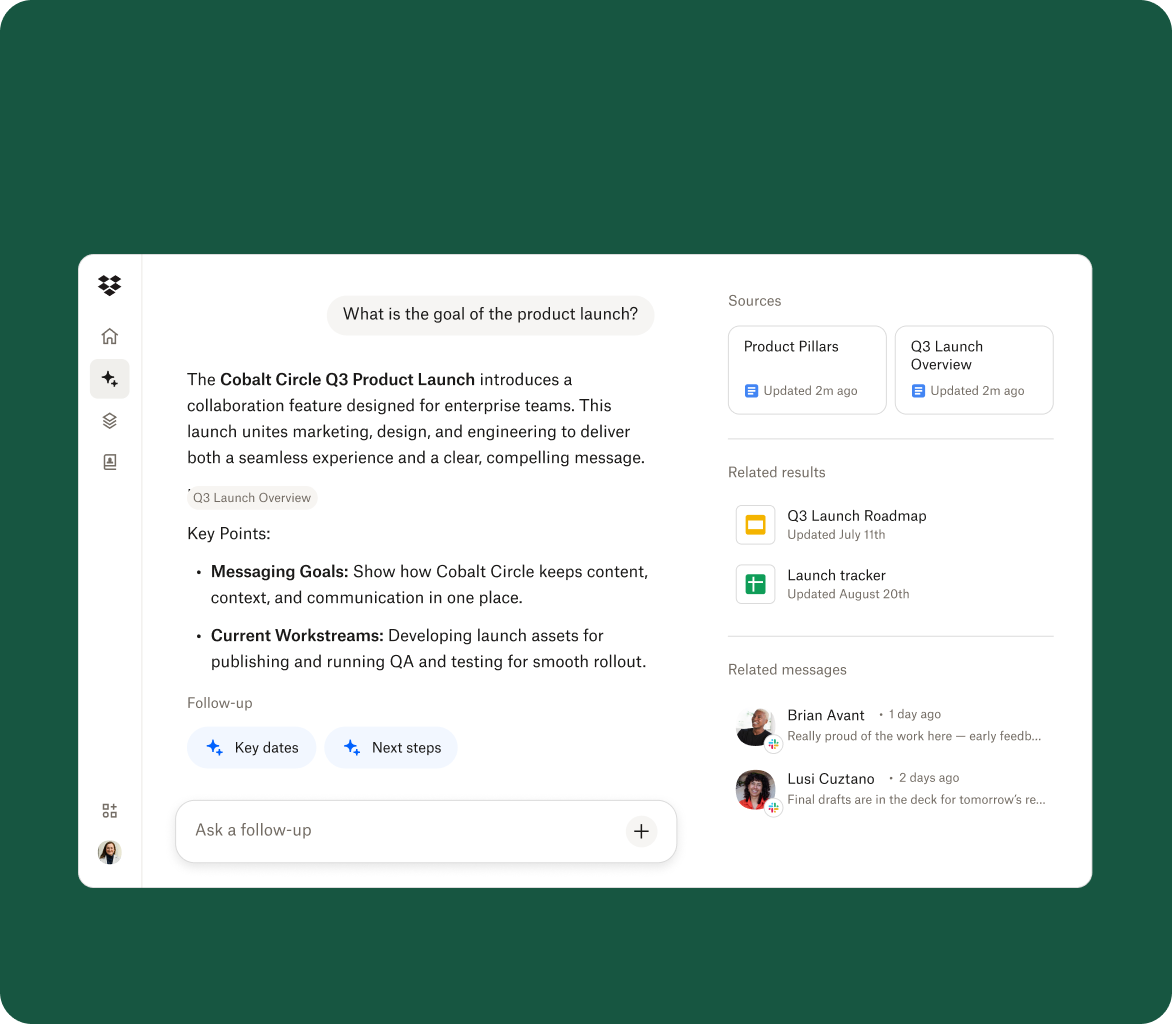 Dropbox Dash preview of Dash Chat response to a question.