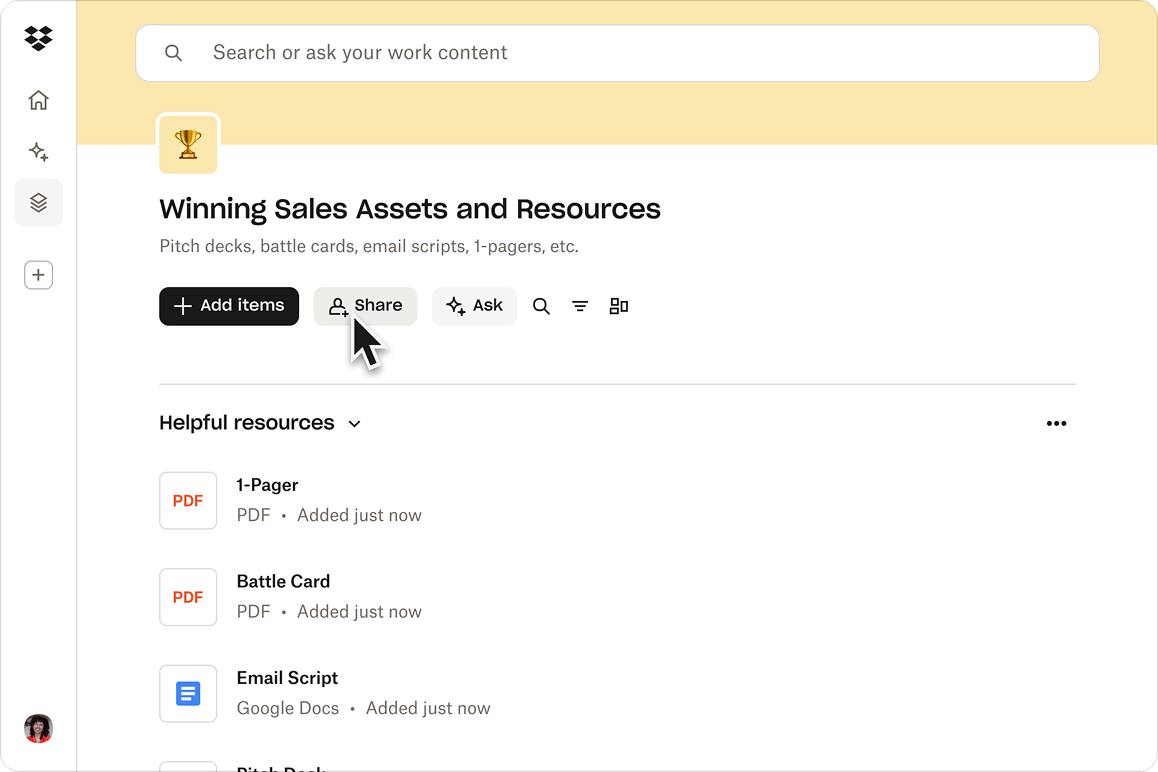 Dash workspace titled “Winning Sales Assets and Resources” with a cursor hovering over the Share button.