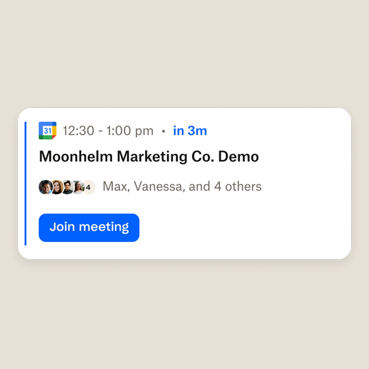 Calendar invite for “Moonhelm Marketing Co. Demo” meeting starting in 3 minutes, with a Join button and attendee avatars.
