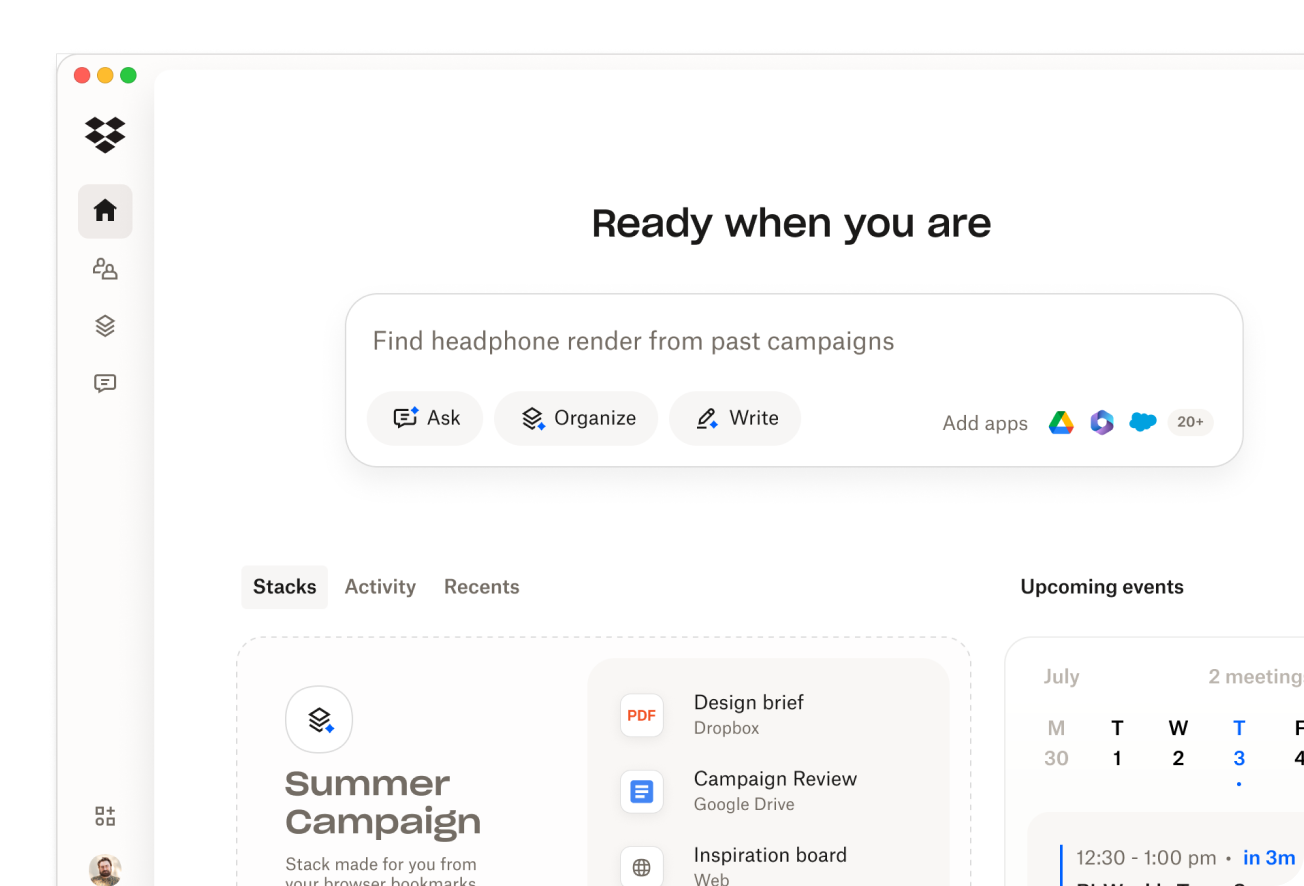 Dropbox Dash preview of start page dashboard.