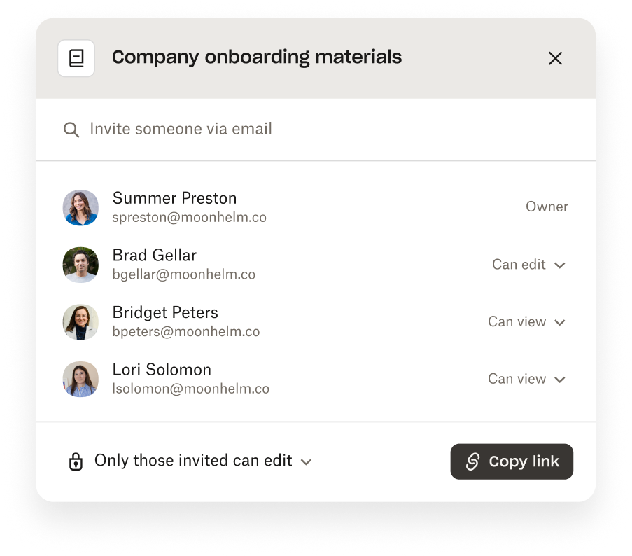 Invite modal displaying names of people who have access to company onboarding materials Stack