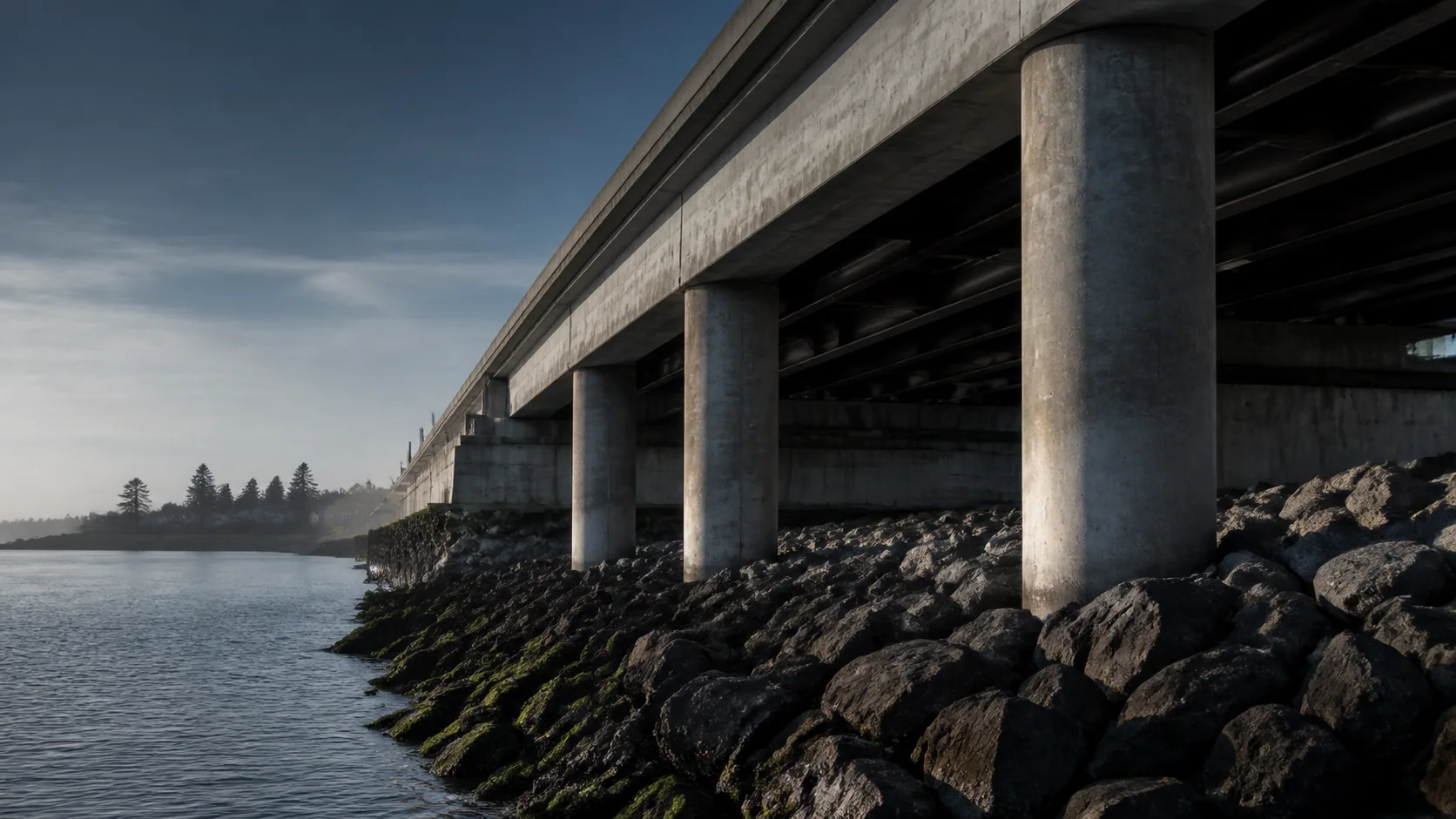 Concrete bridge supports along a rocky New England waterfront