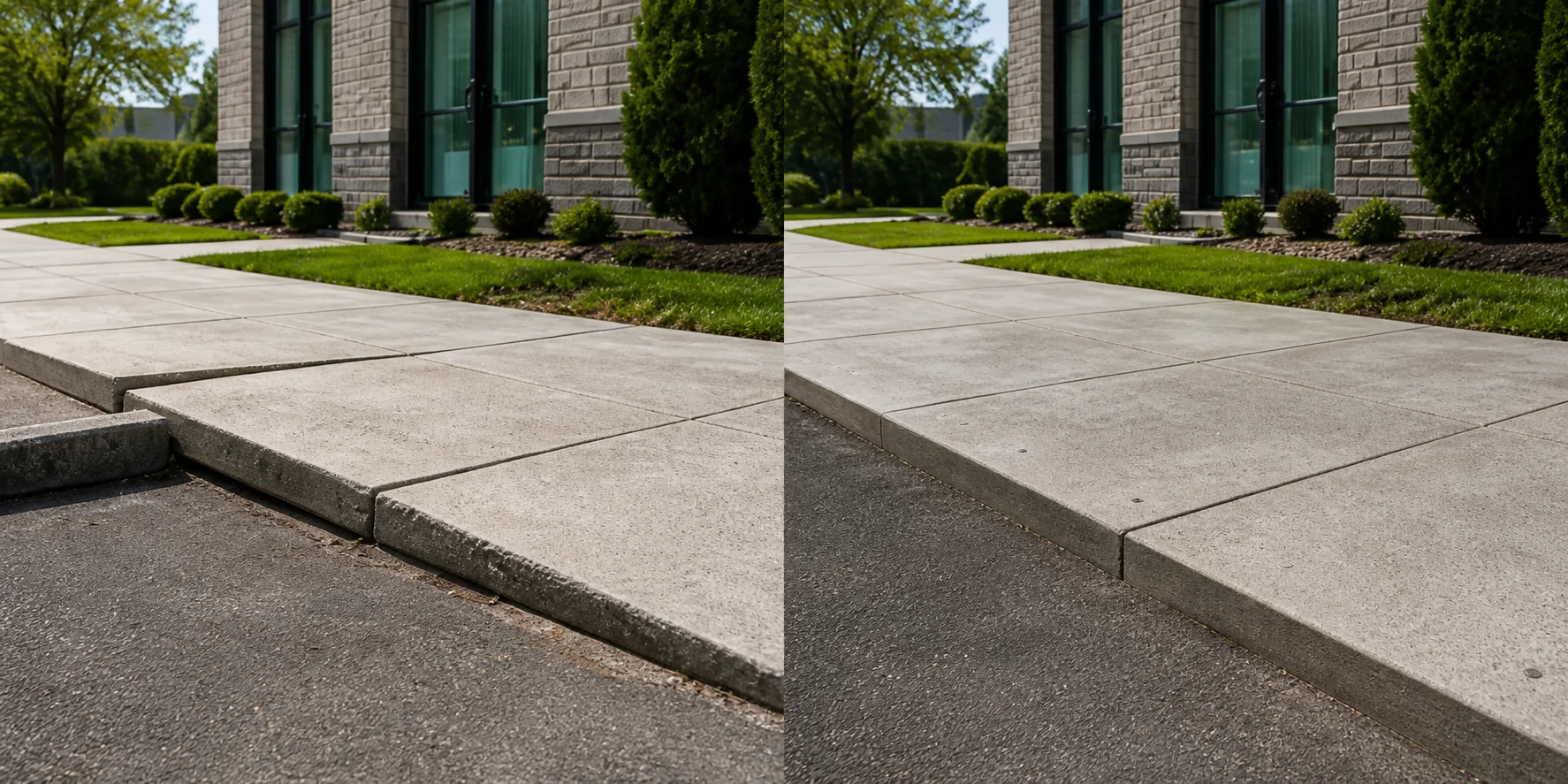 Before and after comparison of a settled concrete walkway restored to an even grade