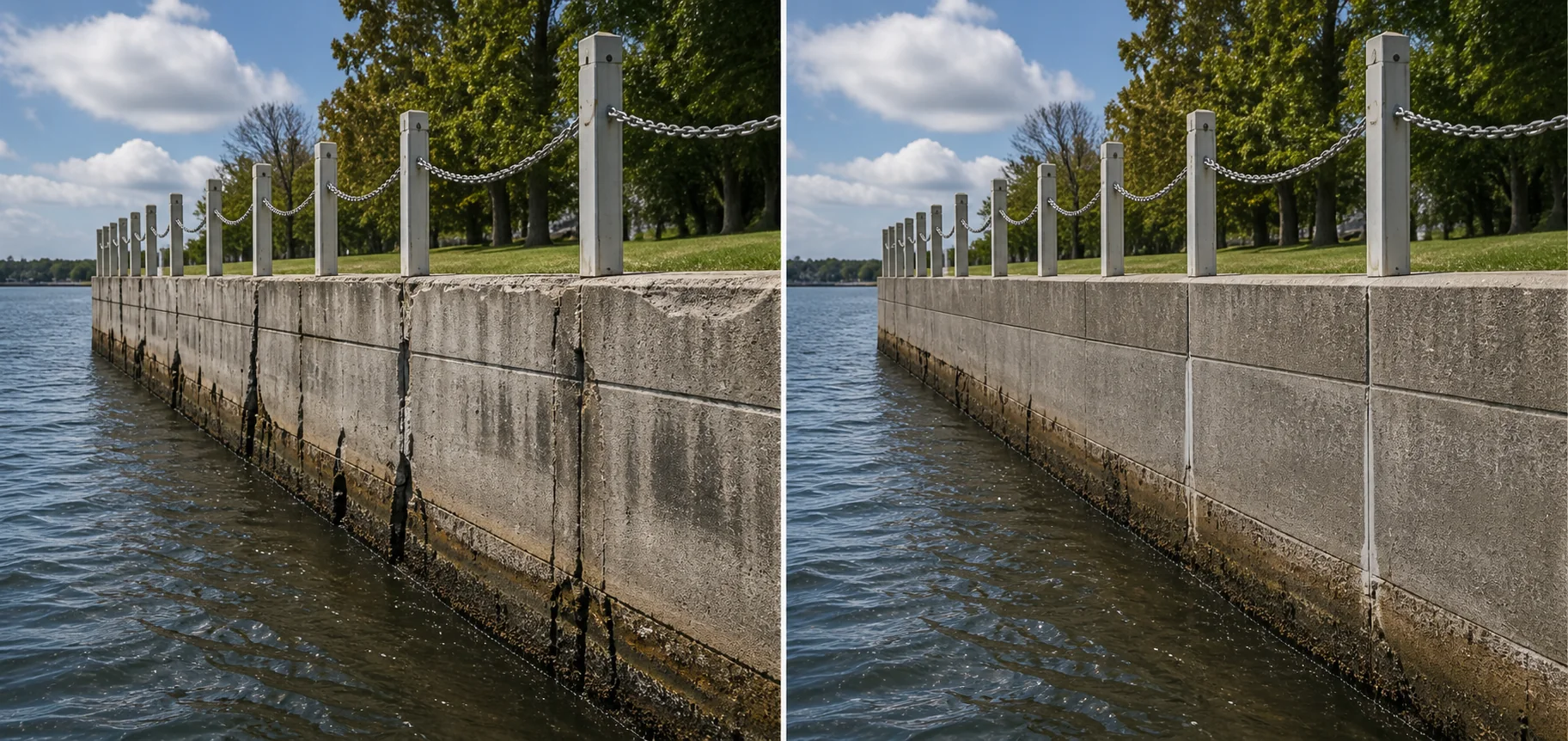 Before and after comparison of a deteriorated concrete seawall after targeted repair and preservation