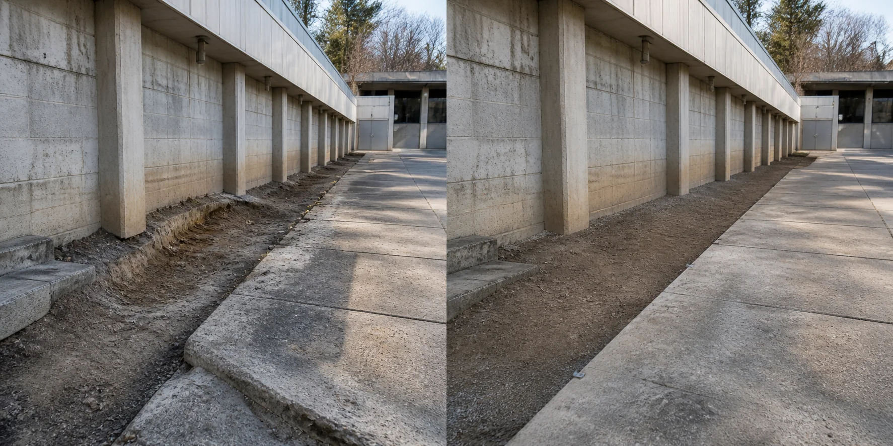 Before and after comparison of eroded soil and a stabilized commercial foundation edge