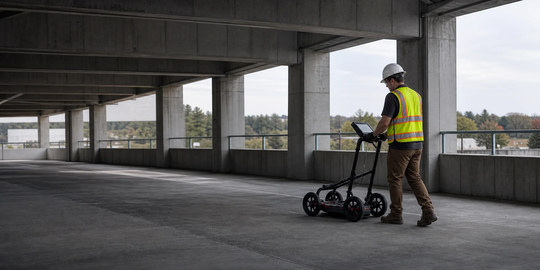 Civil investigation specialist operating ground penetrating radar in a concrete parking structure