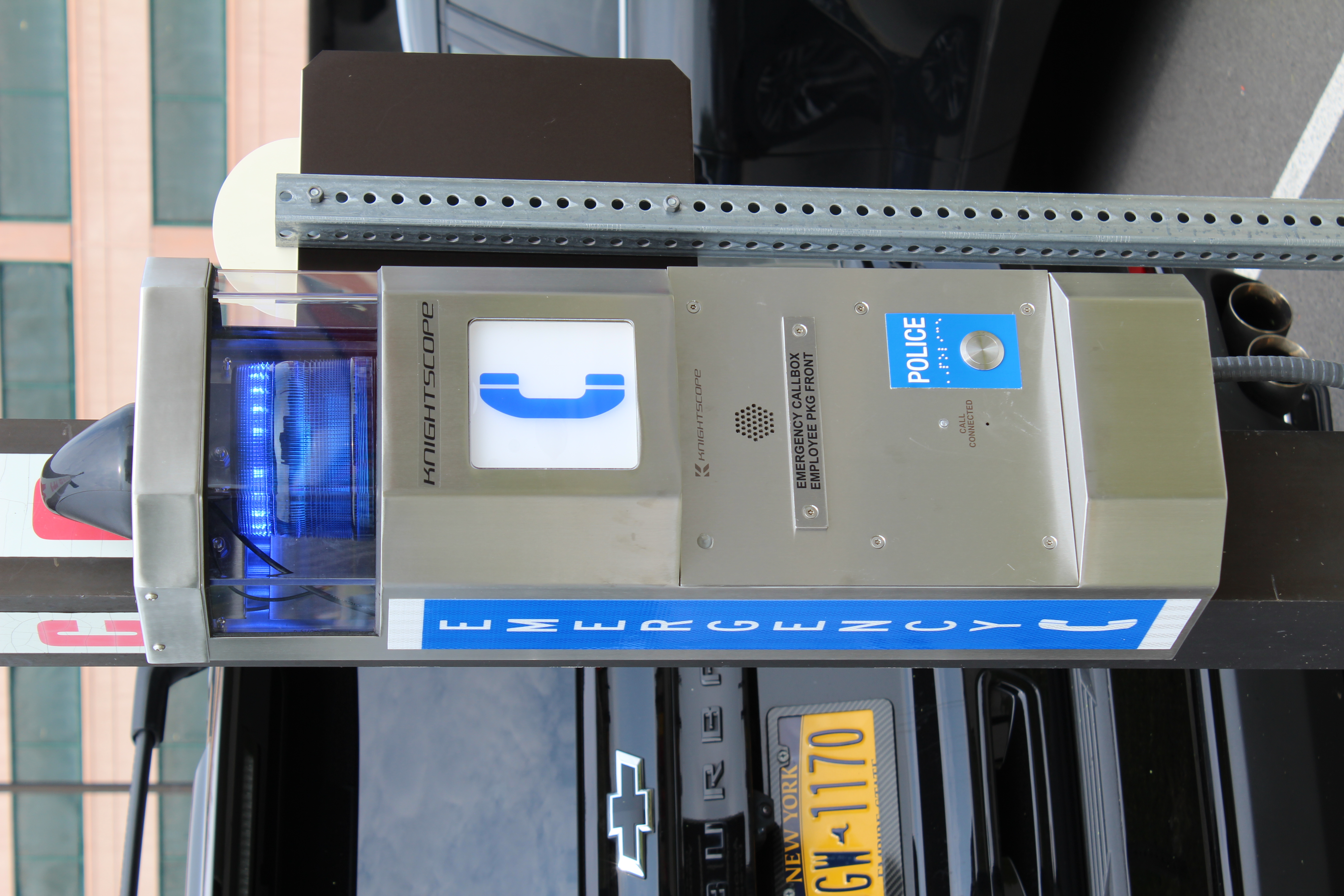 Upgraded stainless-steel emergency call box with a blue LED beacon at Albany VA.
