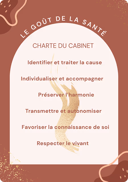 Charte décrivant les valeurs du cabinet Julie Gay Naturopathie : identifier et traiter la cause, individualiser et accompagner, préserver l'harmonie, transmettre et autonomiser, favoriser la connaissance de soi, respecter le vivant.