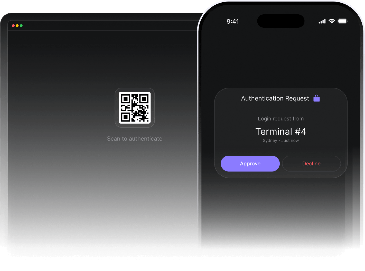 Screen with a QR code labeled Scan to authenticate next to a phone showing an authentication request from Terminal #4 in Sydney with Approve and Decline buttons.