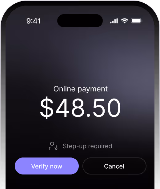 Mobile screen showing online payment of $48.50 with options to 'Verify now' or 'Cancel'.