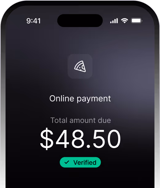 Mobile screen showing online payment with total amount due of $48.50 and a green verified checkmark below.