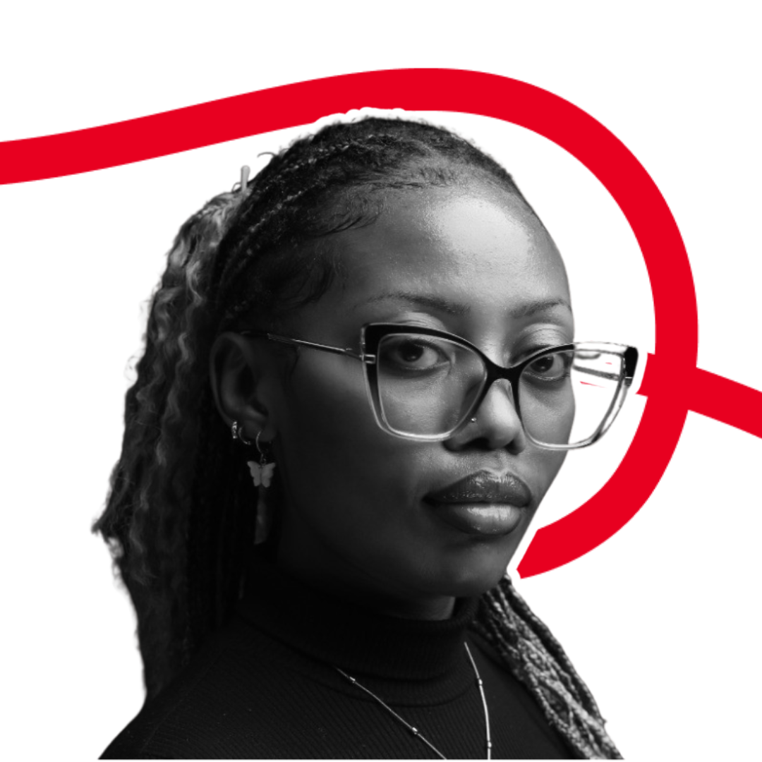 Black and white close-up portrait of a woman wearing large eyeglasses and butterfly earrings against a background with a red curved line.